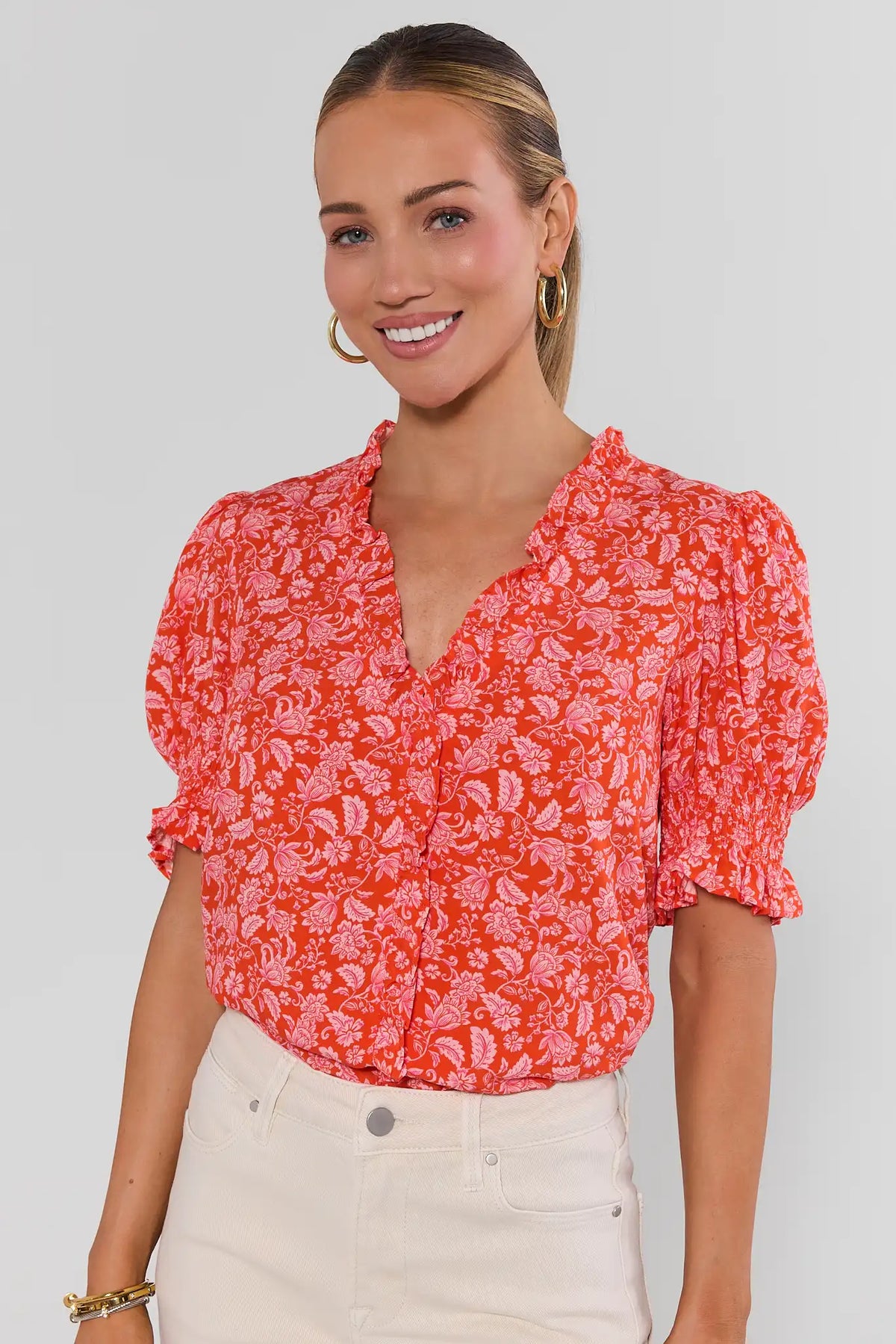 Orange Floral Printed Puff Sleeve Button-Up Top - Front View On Model | Avara