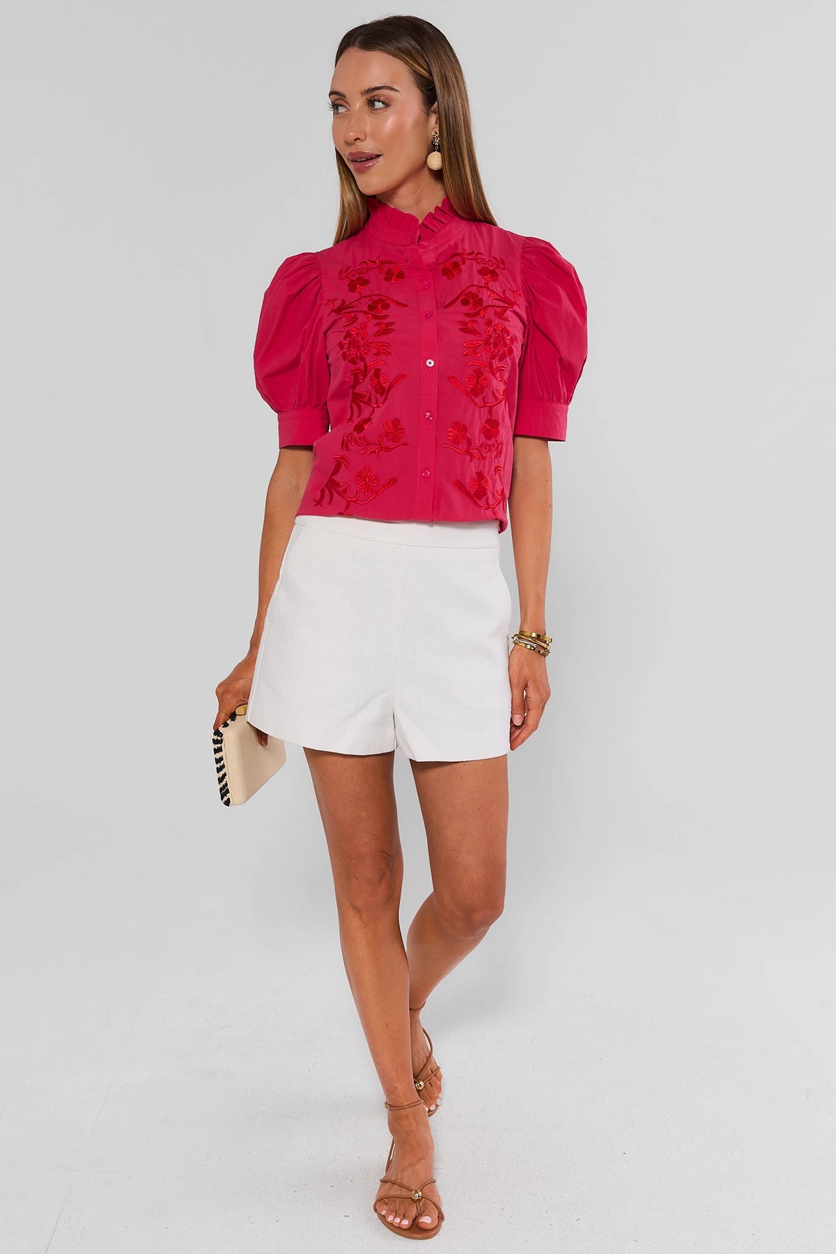 Hot pink floral embroidered button-up top with puff sleeves styled with white shorts - Full Length View | Avara