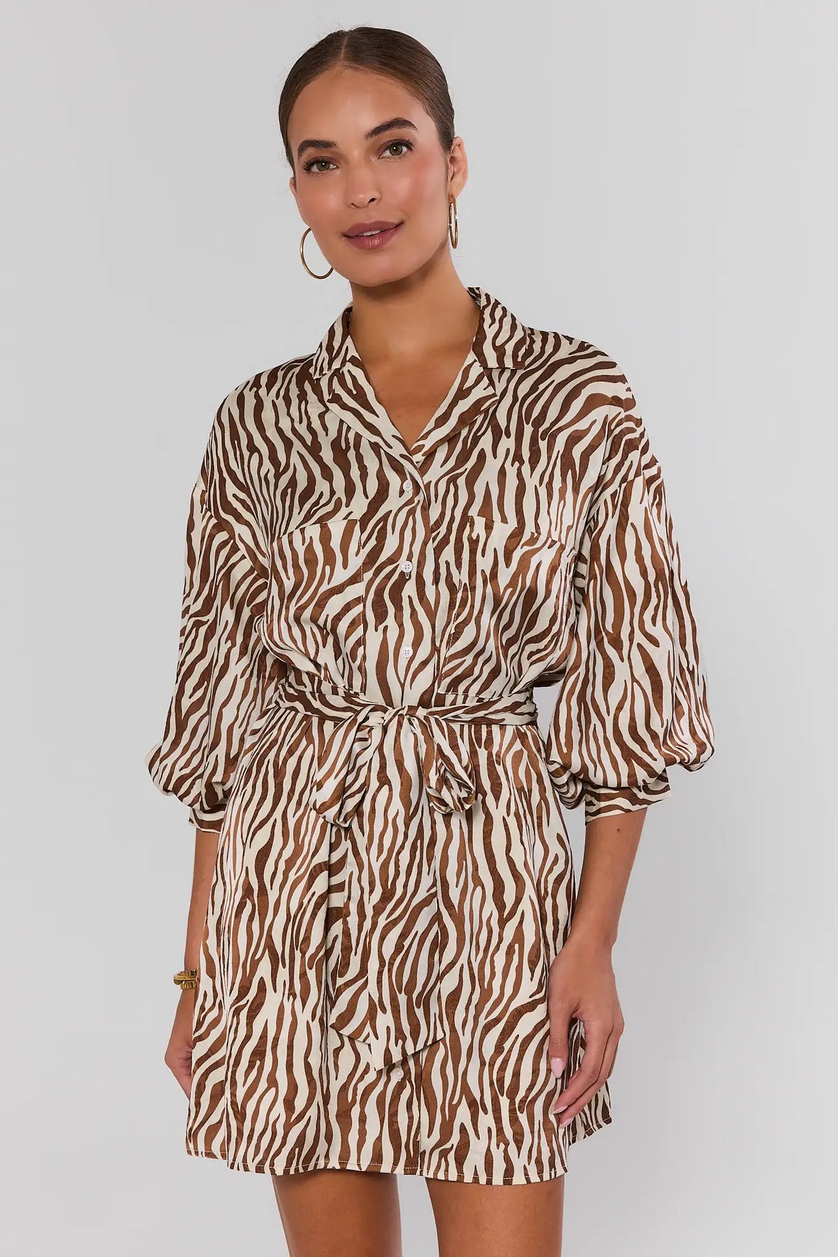 Brown zebra print belted button-up short dress, full-length front view styled with sandals | Avara