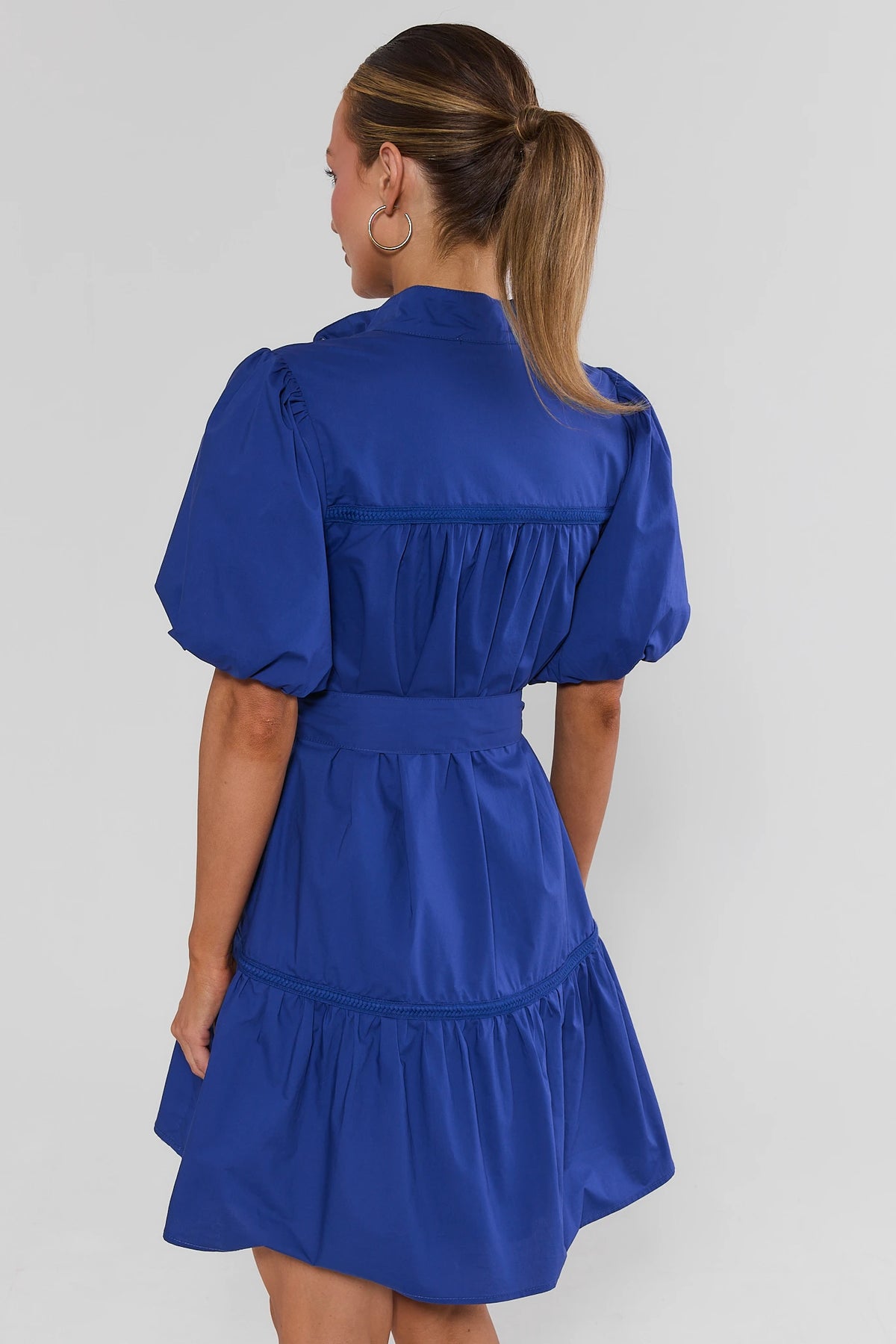 Jane Navy Puff Sleeve Short Dress A-line tiered skirt and braided trim - Back View | Avara