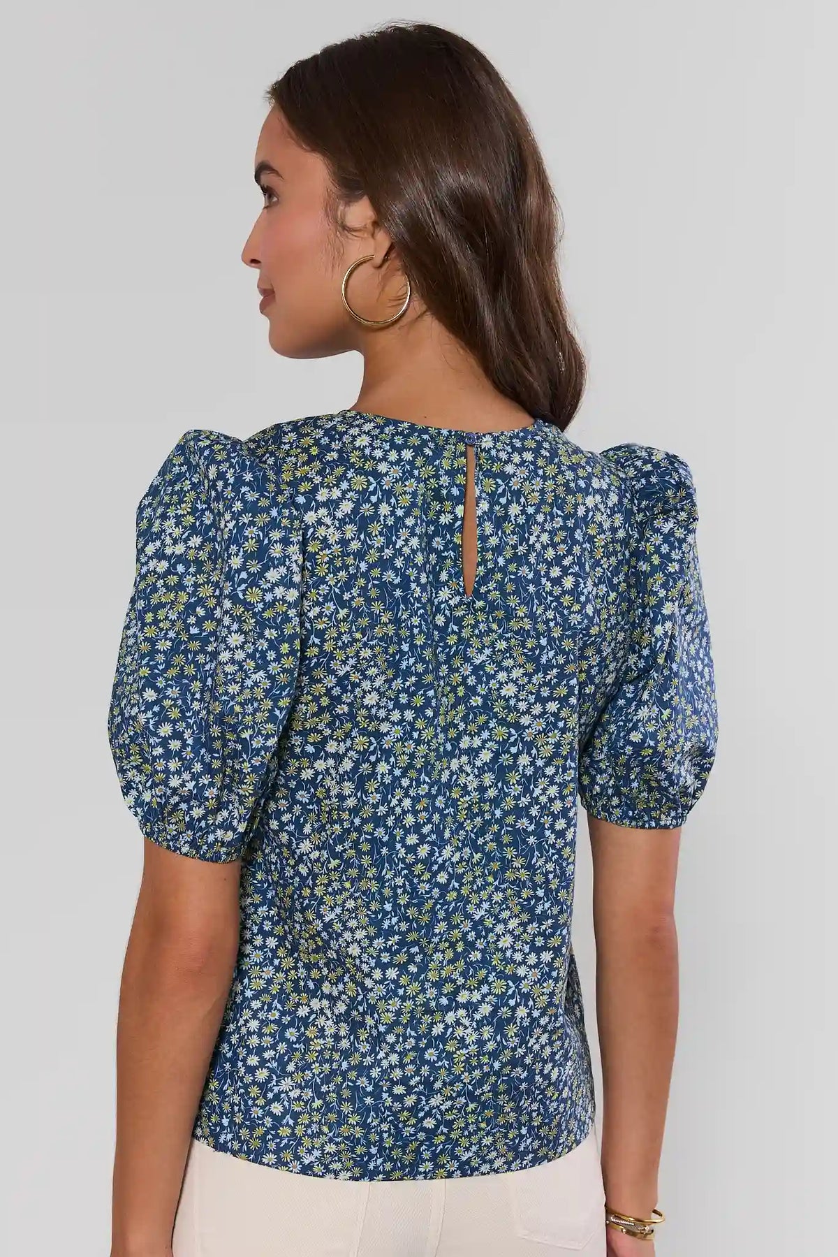Victoria Navy Floral Print Top back view showing keyhole detail and puff sleeves, women's floral top | Avara