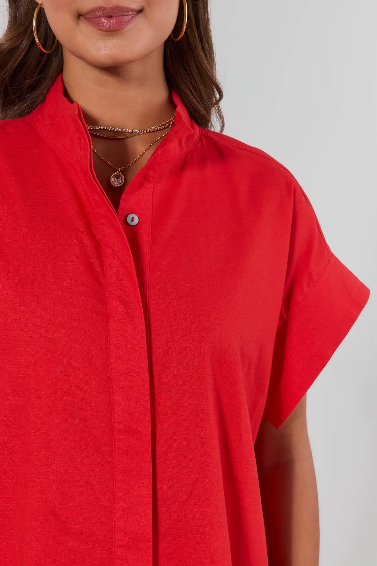 Red Button Up Short Dress - Close-Up Neckline & Button Detail | Avara