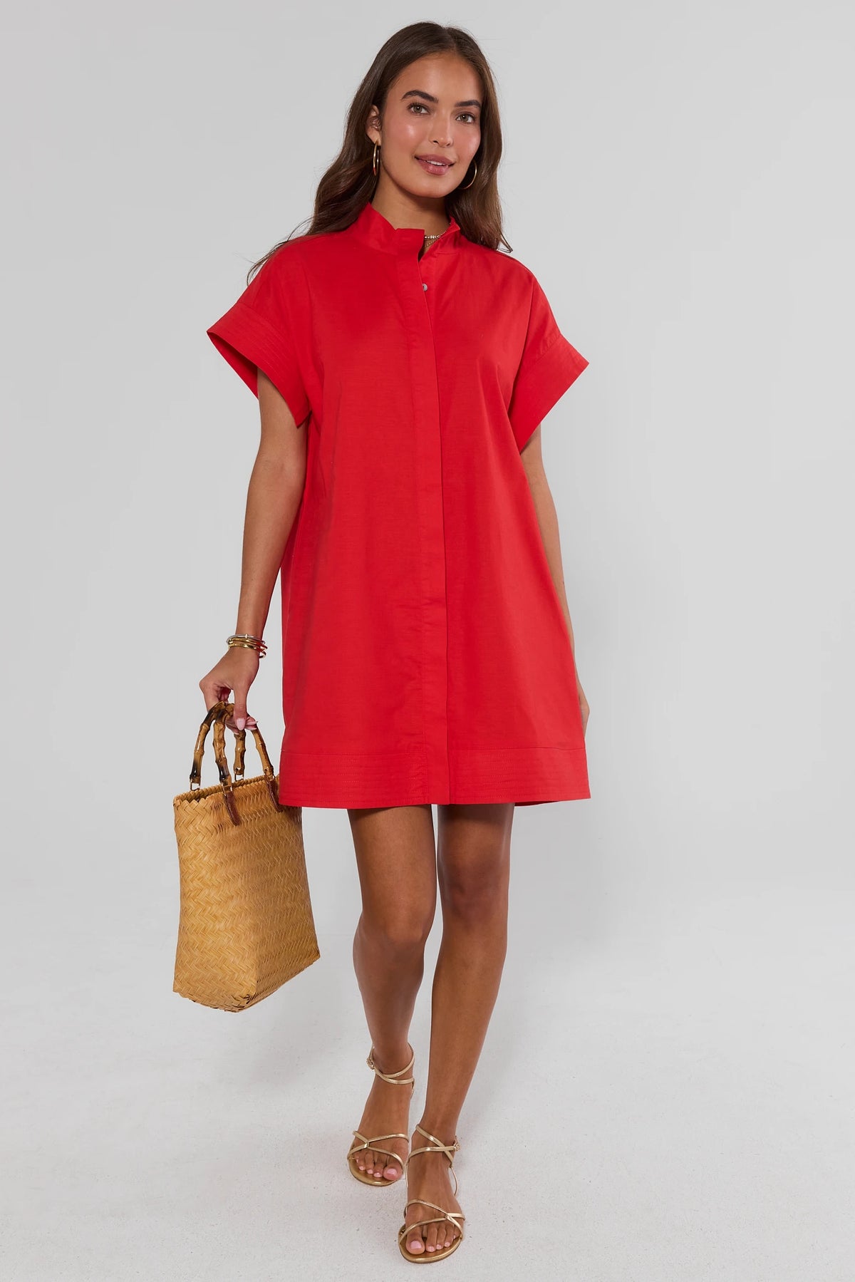 Red Button Up Short Dress - Full Length Styled Look with Woven Tote & Sandals | Avara