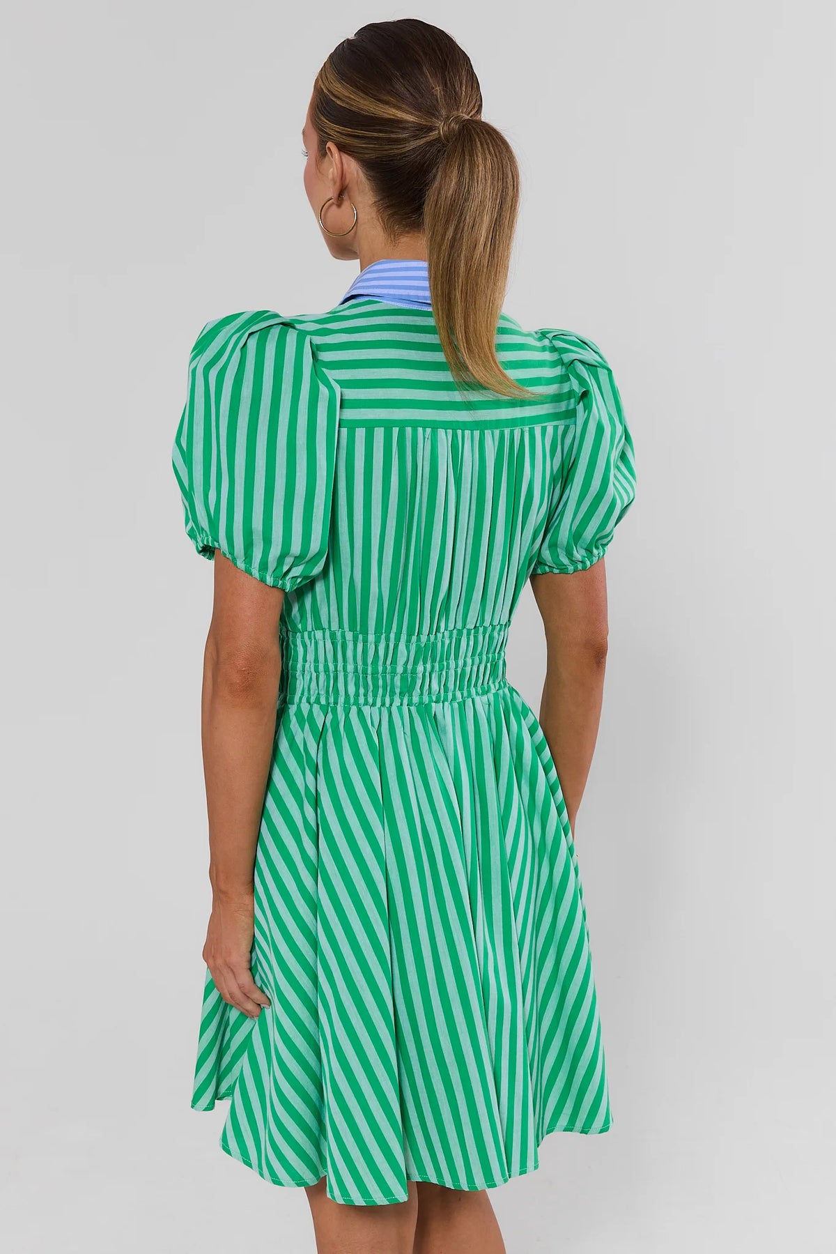 Green striped button-up short dress showing smocked waist and puff sleeves - Back View | Avara