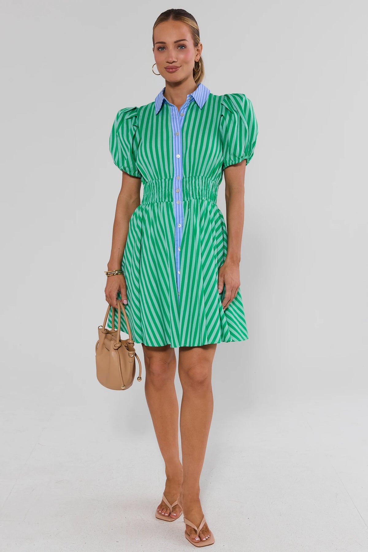 Green striped short dress full-length on model with sandals and tan bag, cute summer dress for women | Avara