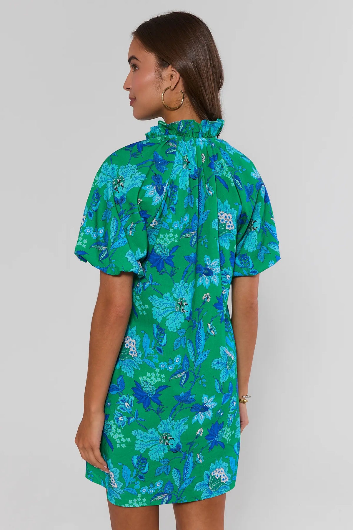 Green Floral Short Dress - Back View Showing Ruffle Neckline & Floral Print | Avara
