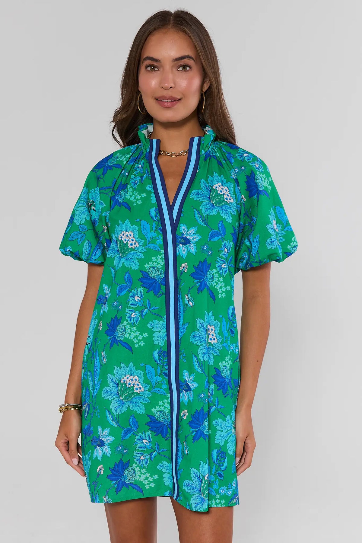 Green Floral Short Dress with Blue Stripe V-Neckline - Front View On Model | Avara