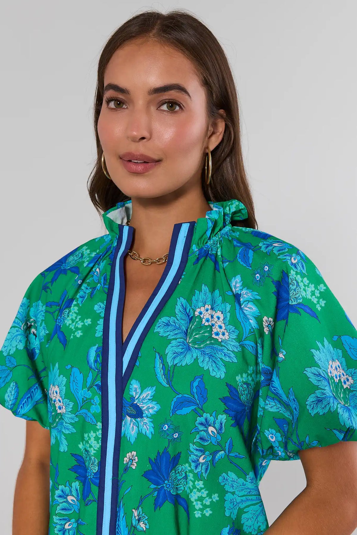 Green Floral Short Dress - Neckline & Flutter Sleeve Close-Up Detail | Avara