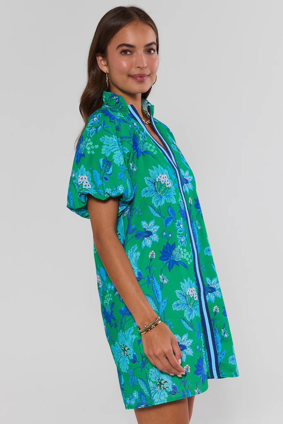 Green Floral Short Dress - Side Profile View Showing Flutter Sleeves & Mini Hem | Avara