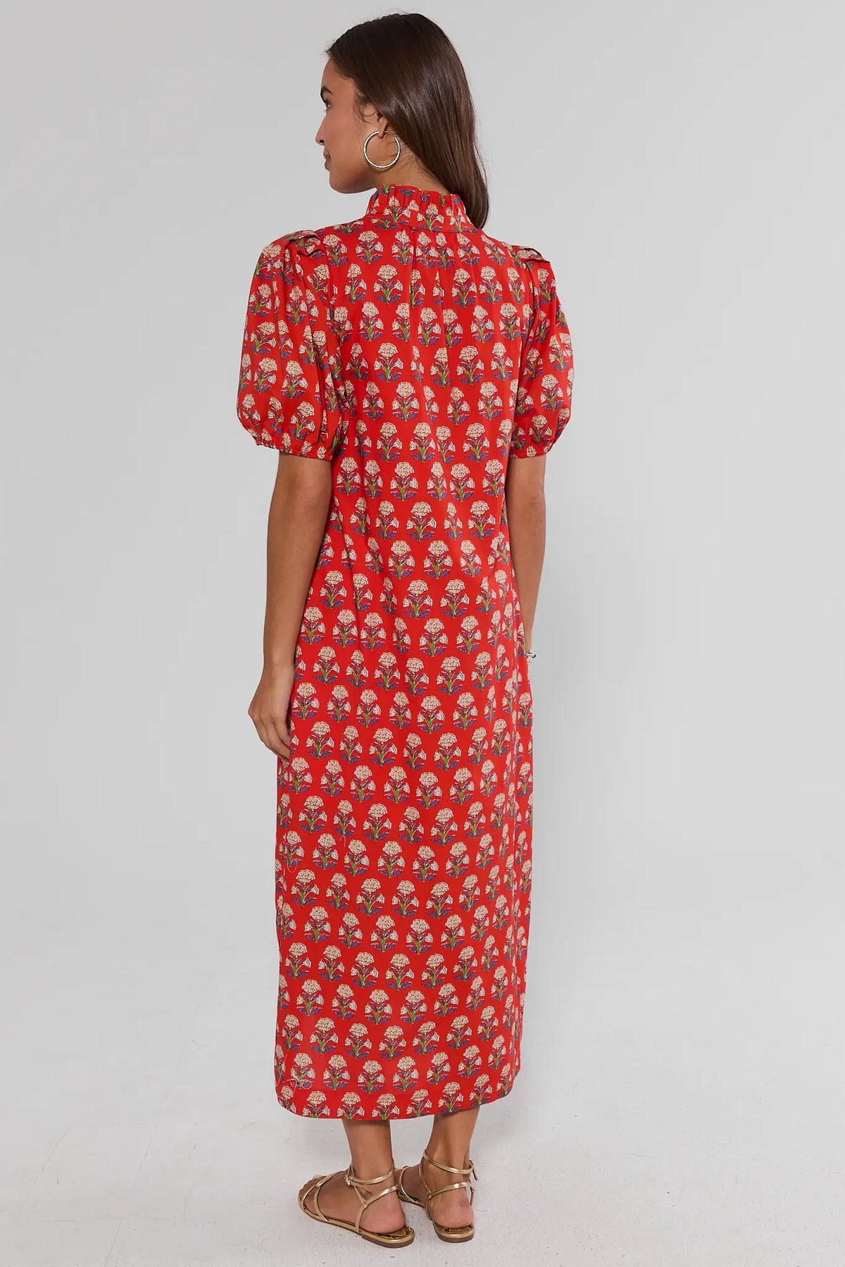 Red floral block print modest midi dress — back view showing puff sleeves and midi length | Avara
