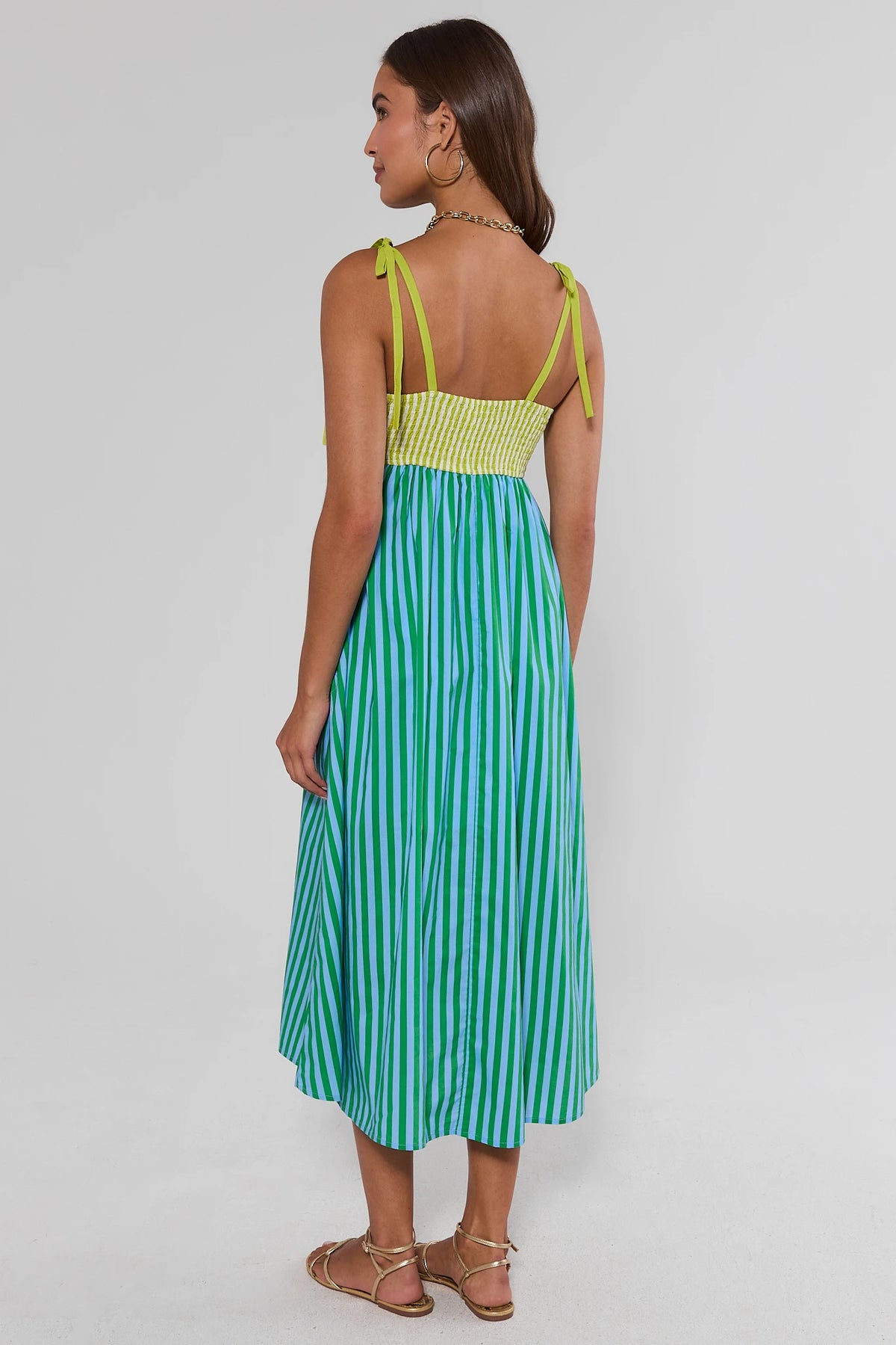 Green and blue striped maxi dress smocked back detail with tie straps - Back View | Avara