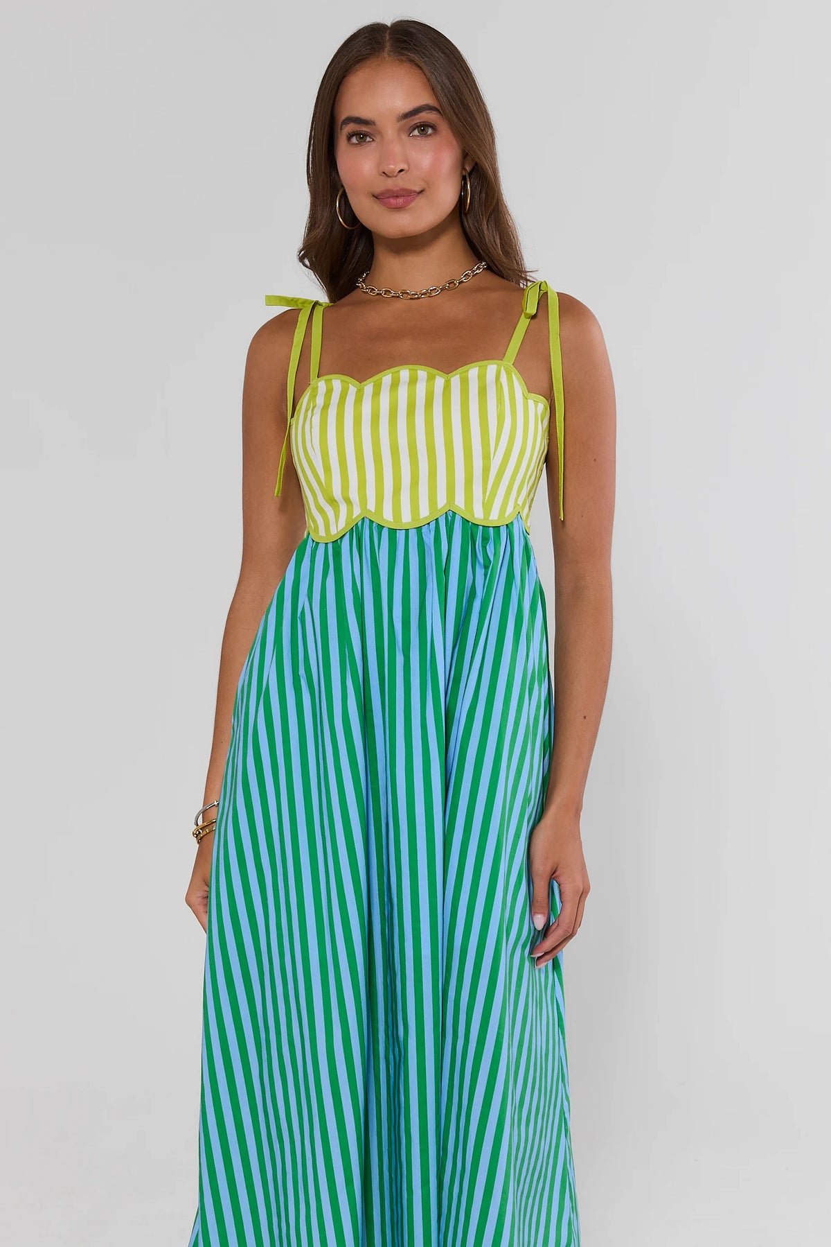 Green Contrast Stripe Maxi Dress with scallop bodice and tie straps - Front Crop View | Avara