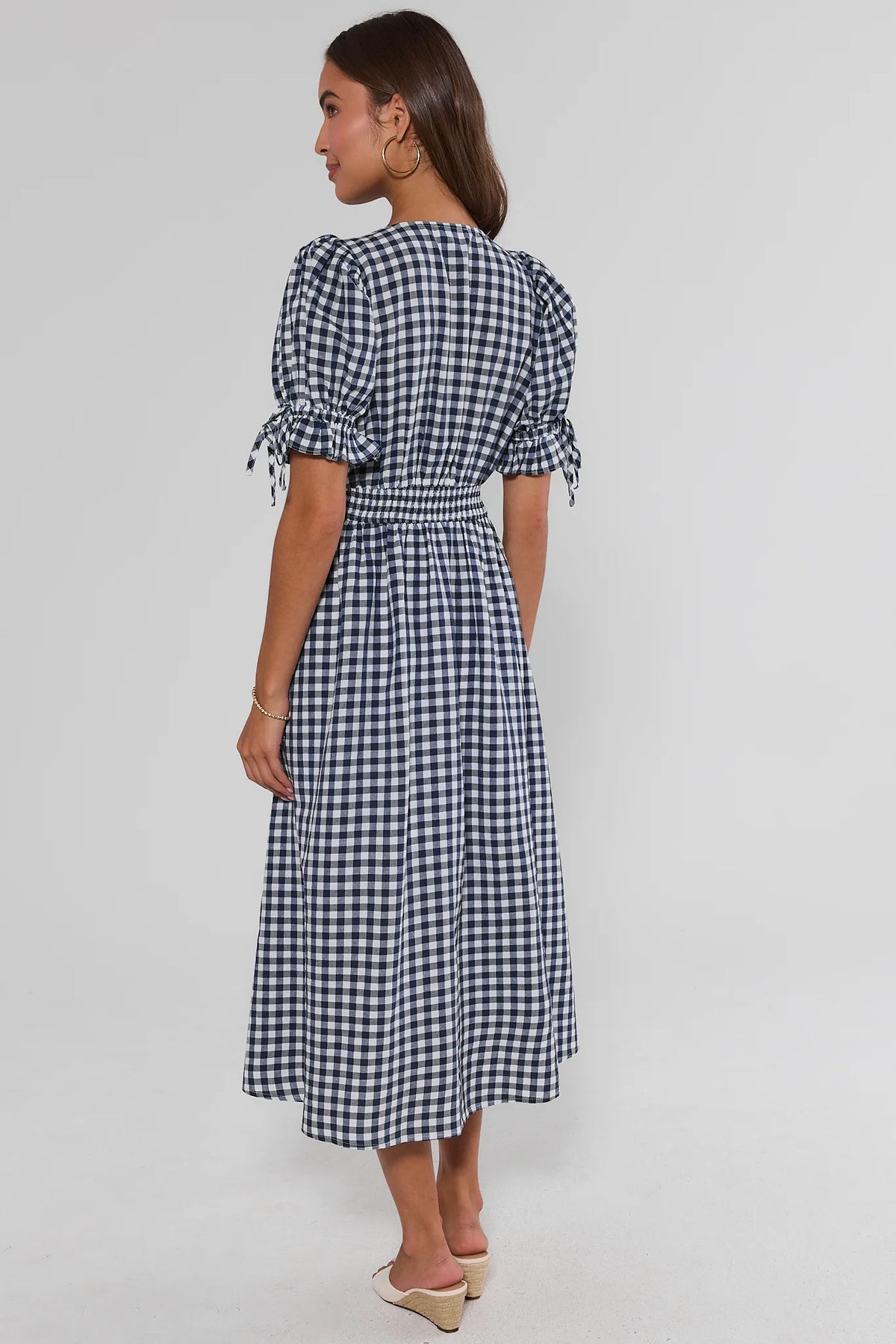 Emersyn Navy Gingham Midi Dress showing smocked back waist and modest midi length - Back View | Avara