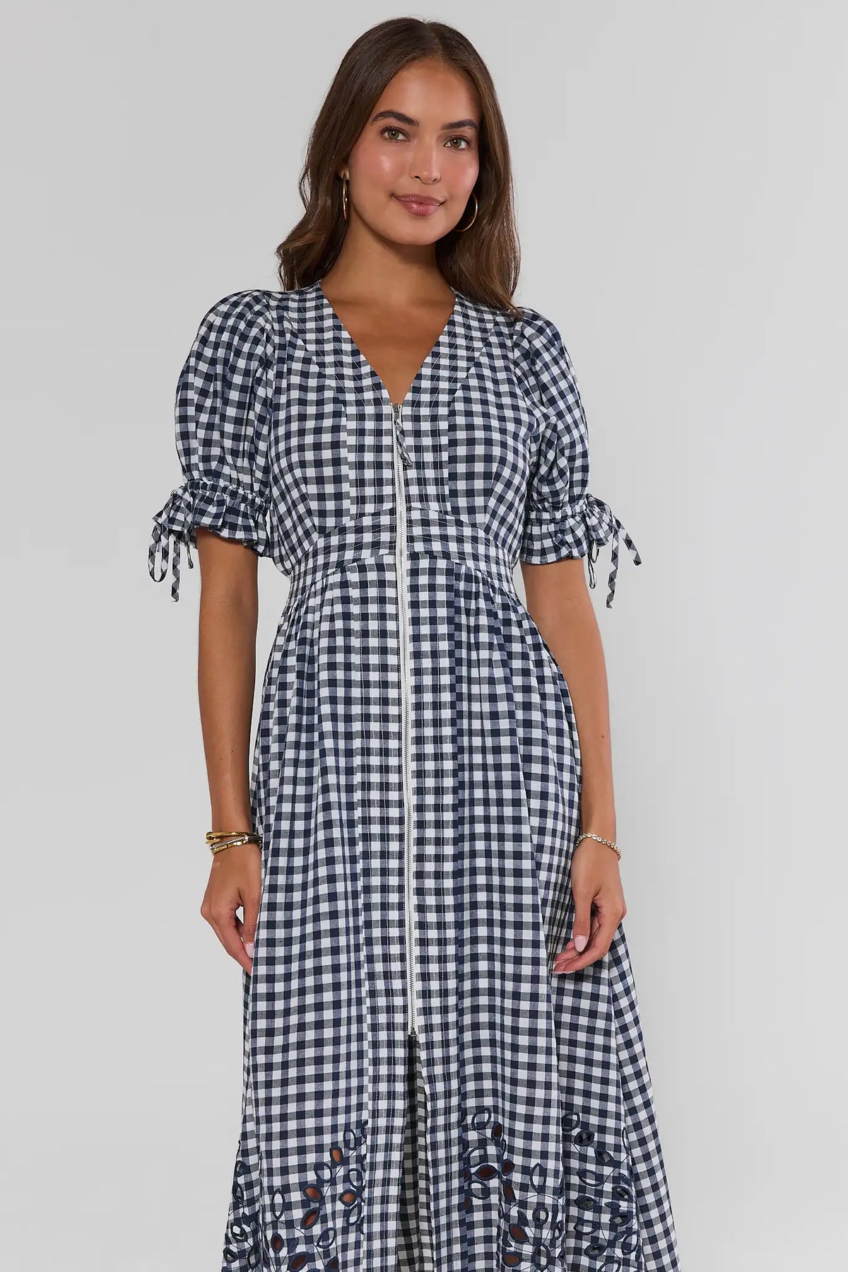 Emersyn Navy Gingham Midi Dress with zip front and tie-sleeve detail - Front Close-Up | Avara