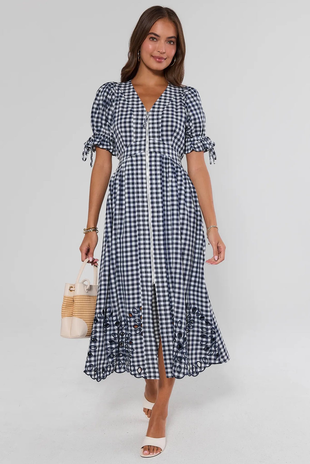 Emersyn Navy Gingham Midi Dress styled with woven bag and white mules - Full Front View | Avara