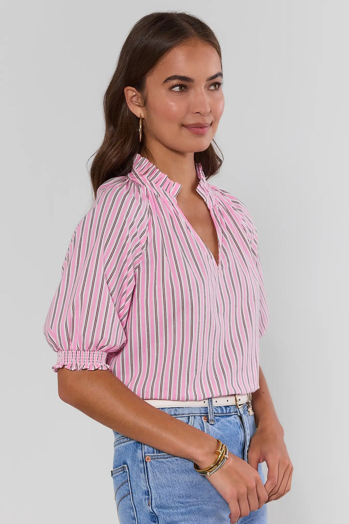 Merrick Pink Striped Split Neck Top with puff sleeves and denim - Side Profile View | Avara