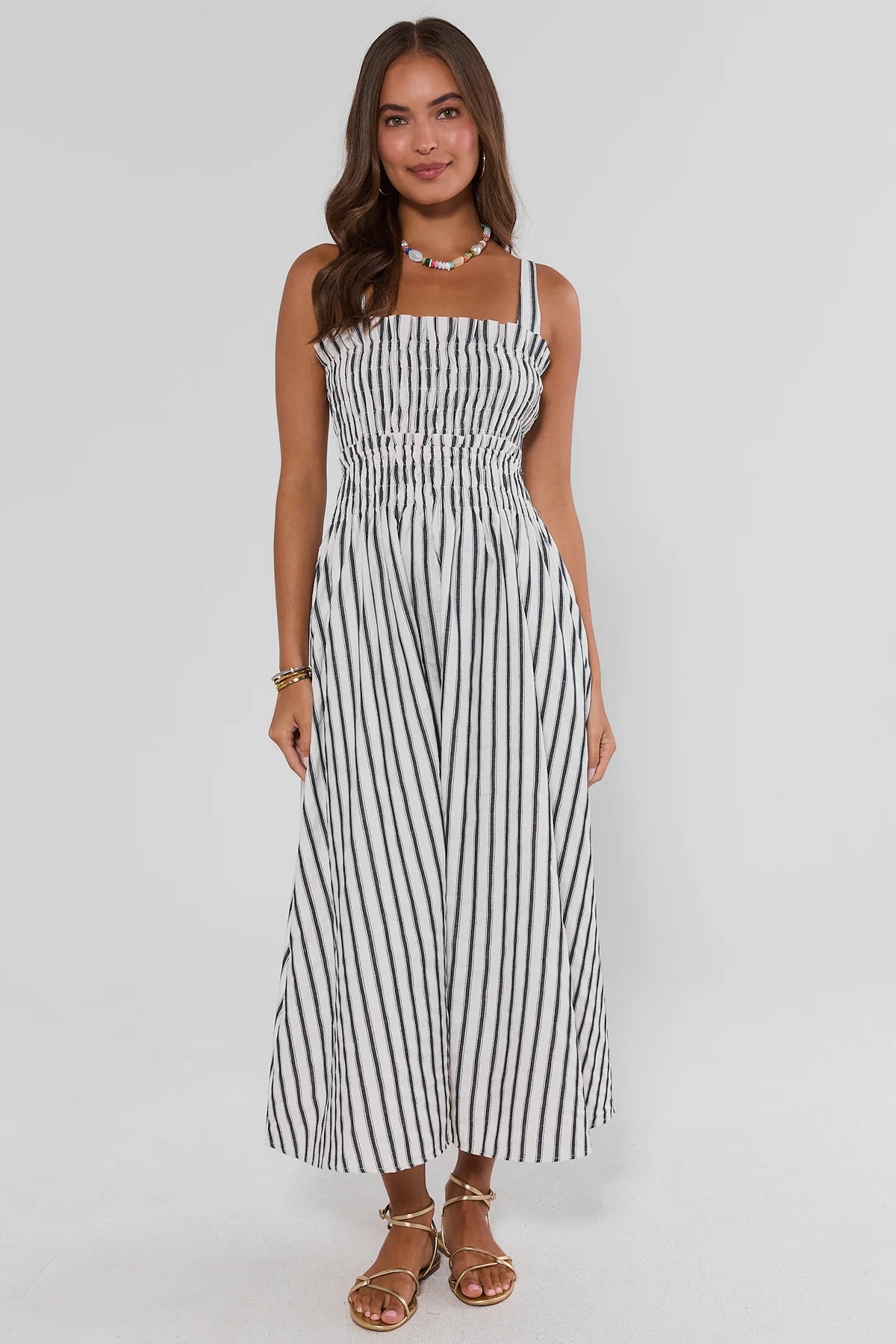 White Striped Smocked Midi Dress - Full Length Front View, Flowing Skirt | Avara