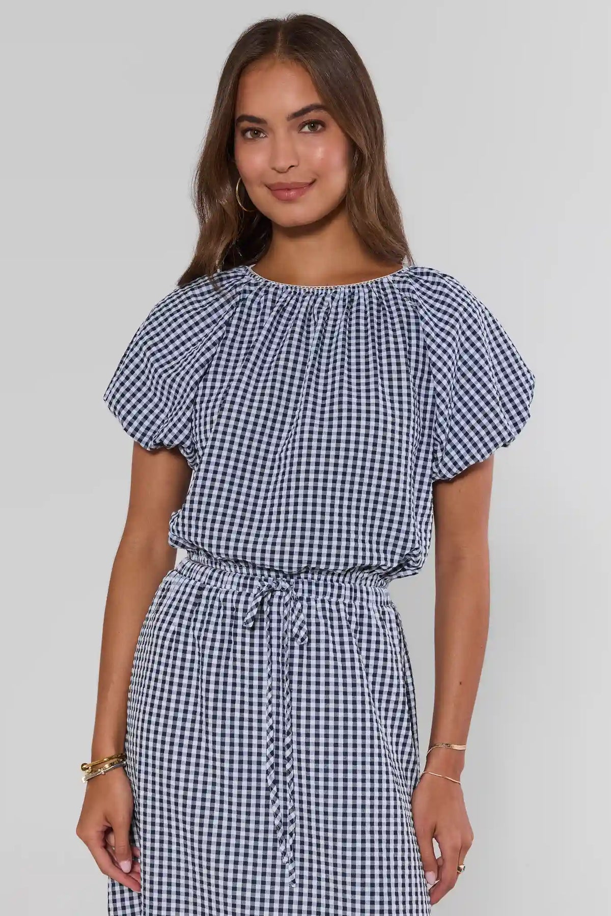 Navy Gingham Bubble Hem Top with puff sleeves and gathered neckline - Front View | Avara
