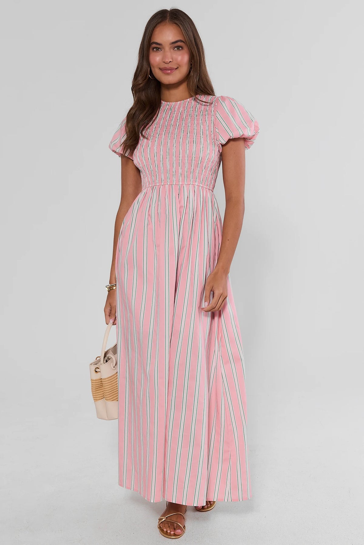 Pink Striped Smocked Maxi Dress - Full Length Front, Styled with Sandals & Straw Bag | Avara