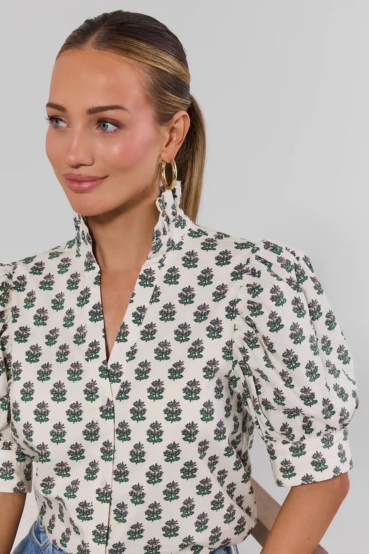 Delaney White Floral Puff Sleeve Top - Band Collar & Print Close-Up Detail | Avara