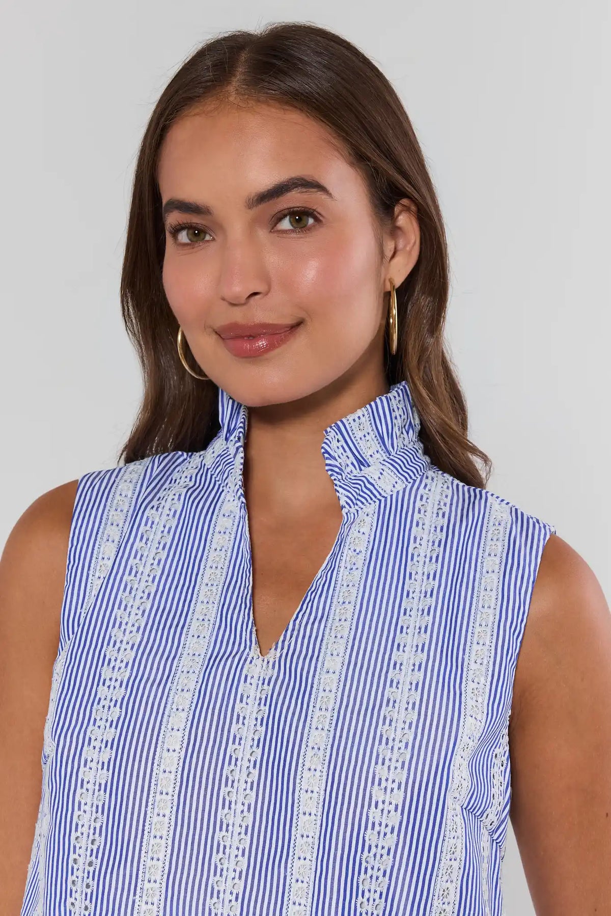 Blue stripe embroidered tank top with ruffle collar and floral lace detail - Close-Up Neckline View | Avara