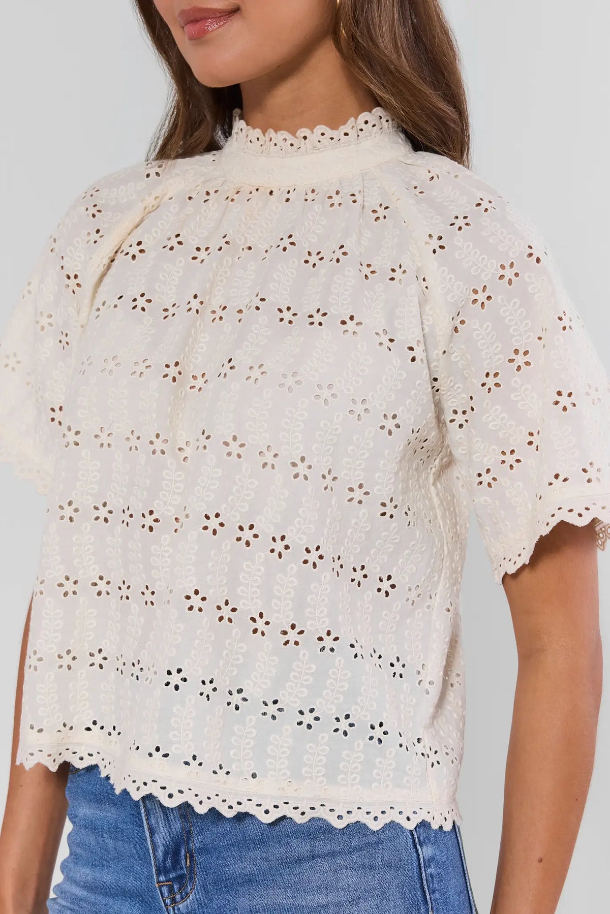 Close-up of white floral eyelet embroidery and scalloped mock neckline detail on women's top | Avara