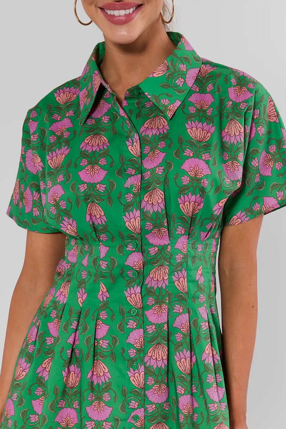 Olivia Green Floral Button Up Short Dress - Close-Up Bodice & Button Detail | Avara
