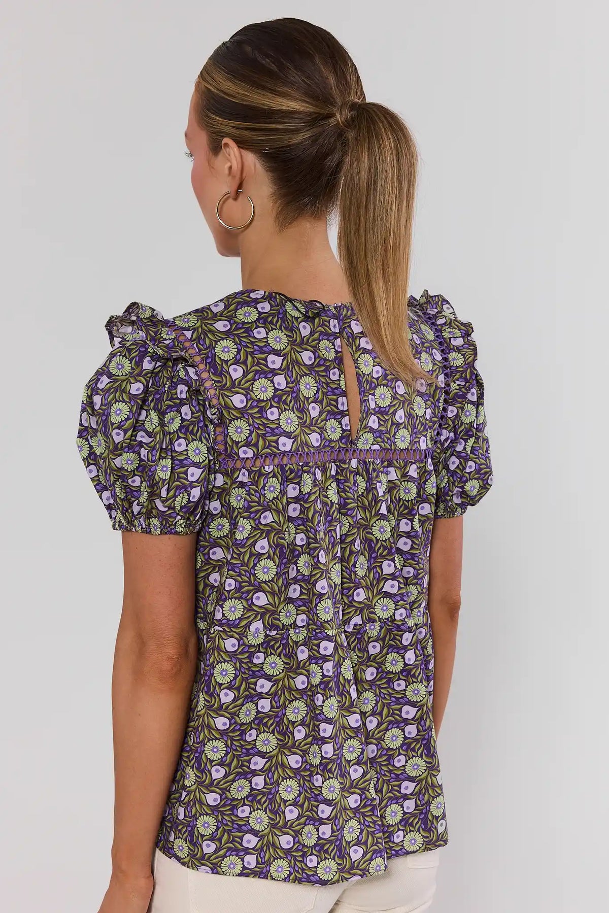 Maggie Purple Floral Top showing button keyhole back and crochet waist trim - Back View | Avara