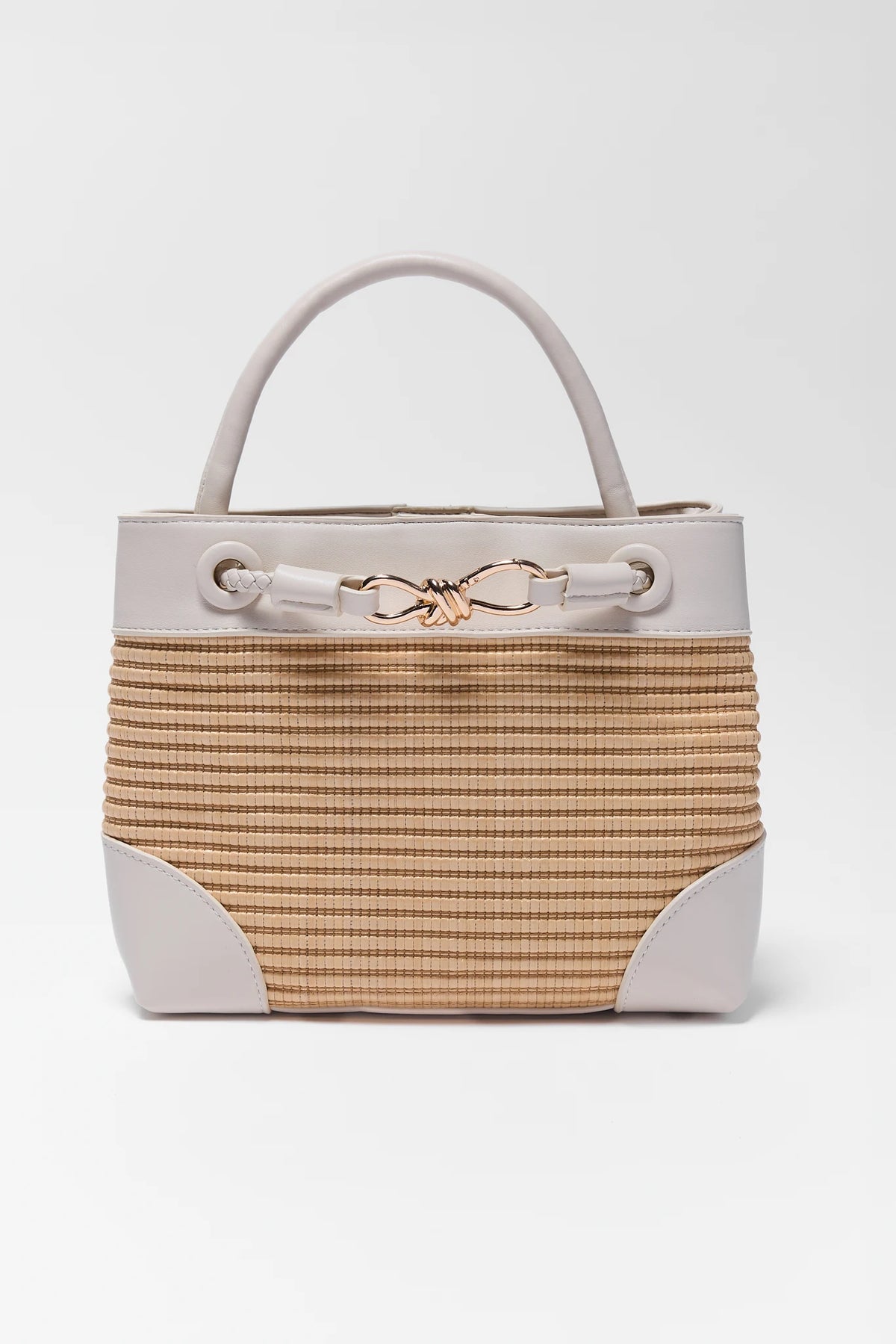 Tan Raffia White Trim Bag with gold knotted hardware and top handle - Front View | Avara