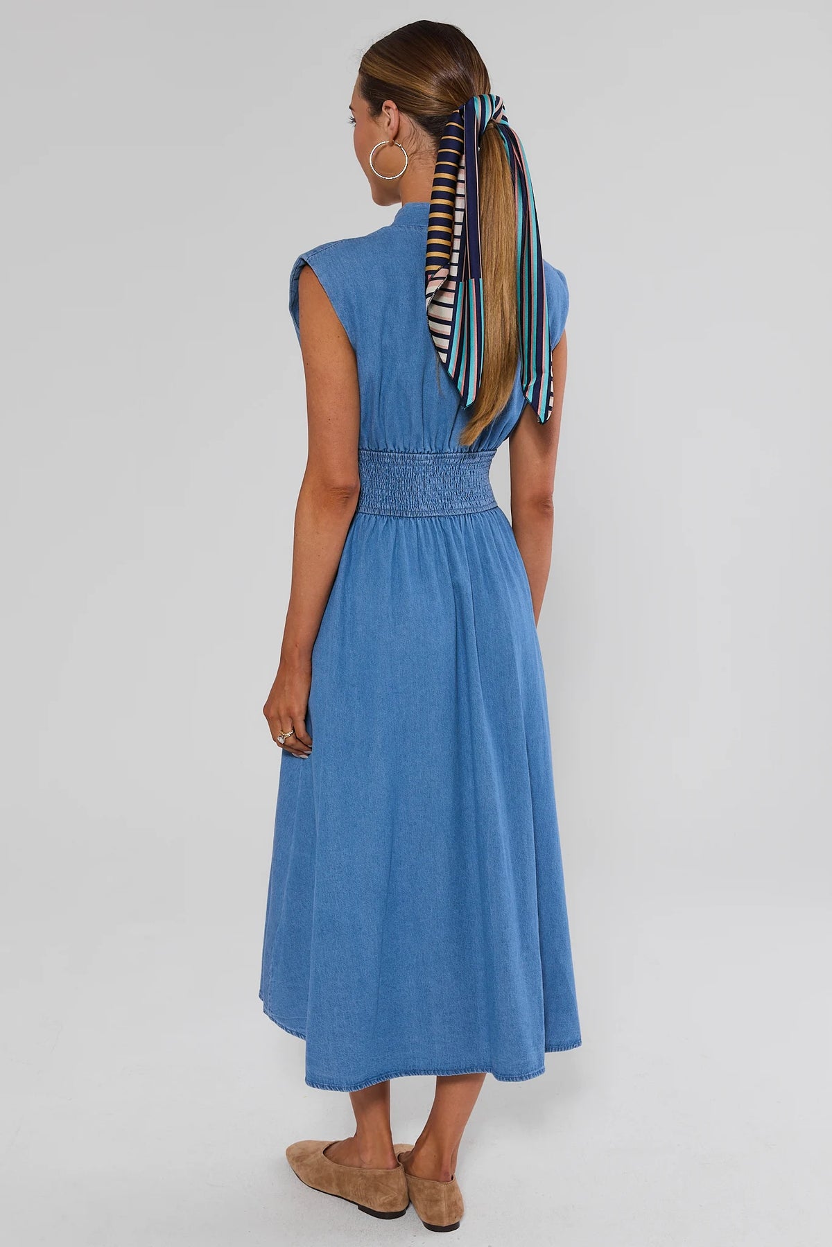 Collins Medium Wash Zip Up Midi Dress - back view showing smocked waist and full midi skirt length | Avara