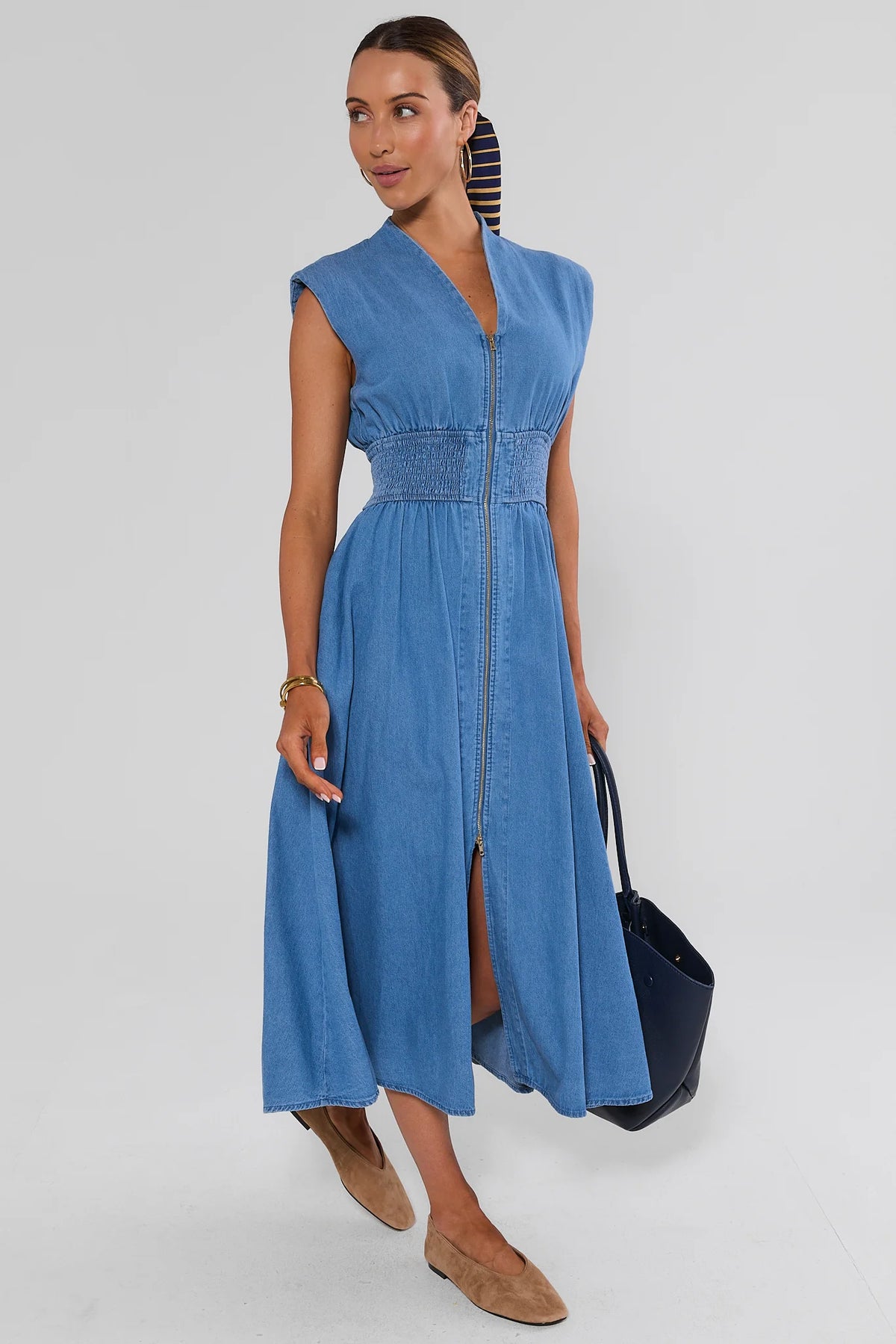 Collins Medium Wash Zip Up Midi Dress - full-length front view on model with flats and navy tote | Avara