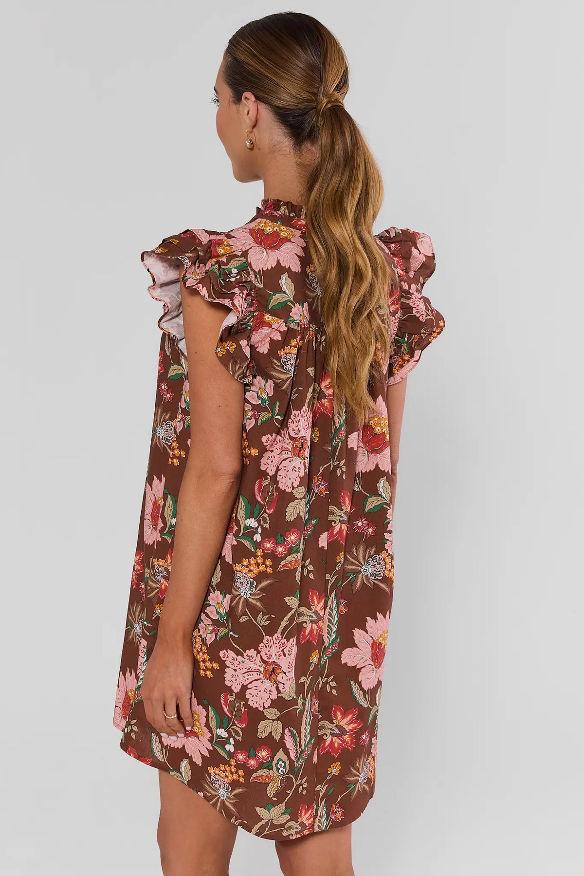 Romy Brown Floral Print Dress ruffle flutter sleeves - Back View | Avara