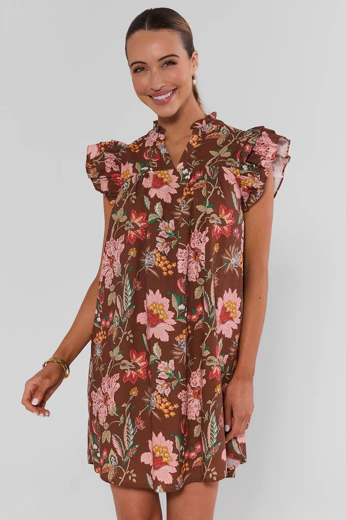 Romy Brown Floral Print Dress with ruffle sleeves and V-neckline - Front View | Avara
