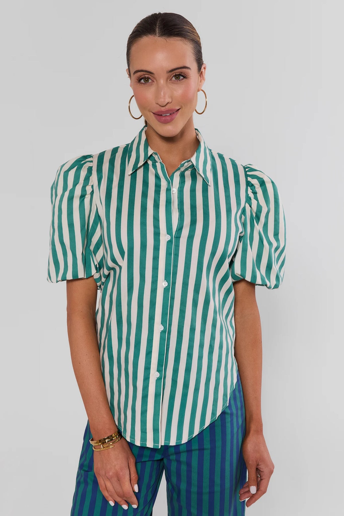 Sabine Green Stripe Button Up Top by English Factory, puff sleeves and button-front, paired with striped trousers - Front View | Avara