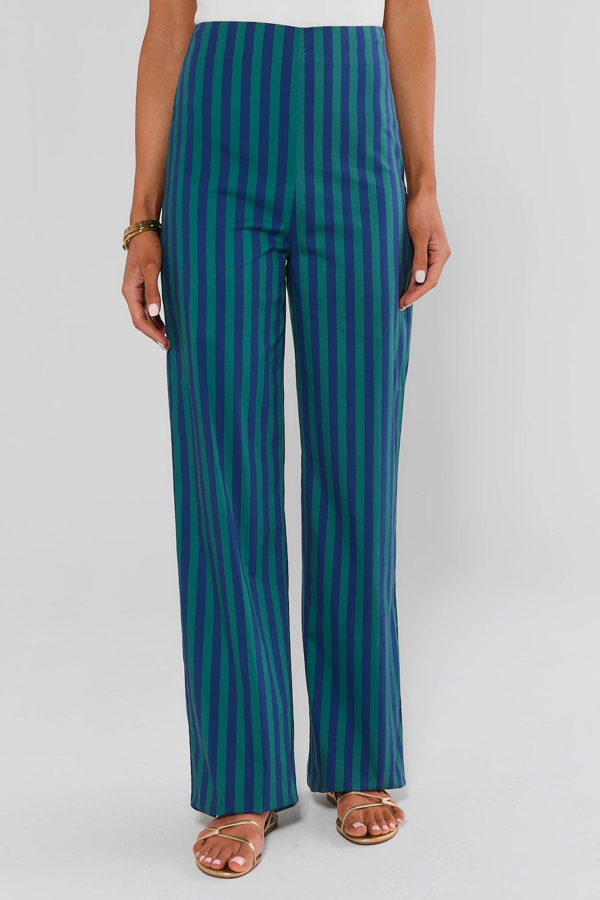 Sabine Green & Navy Stripe Wide Leg Pants - Front View, On Model | Avara