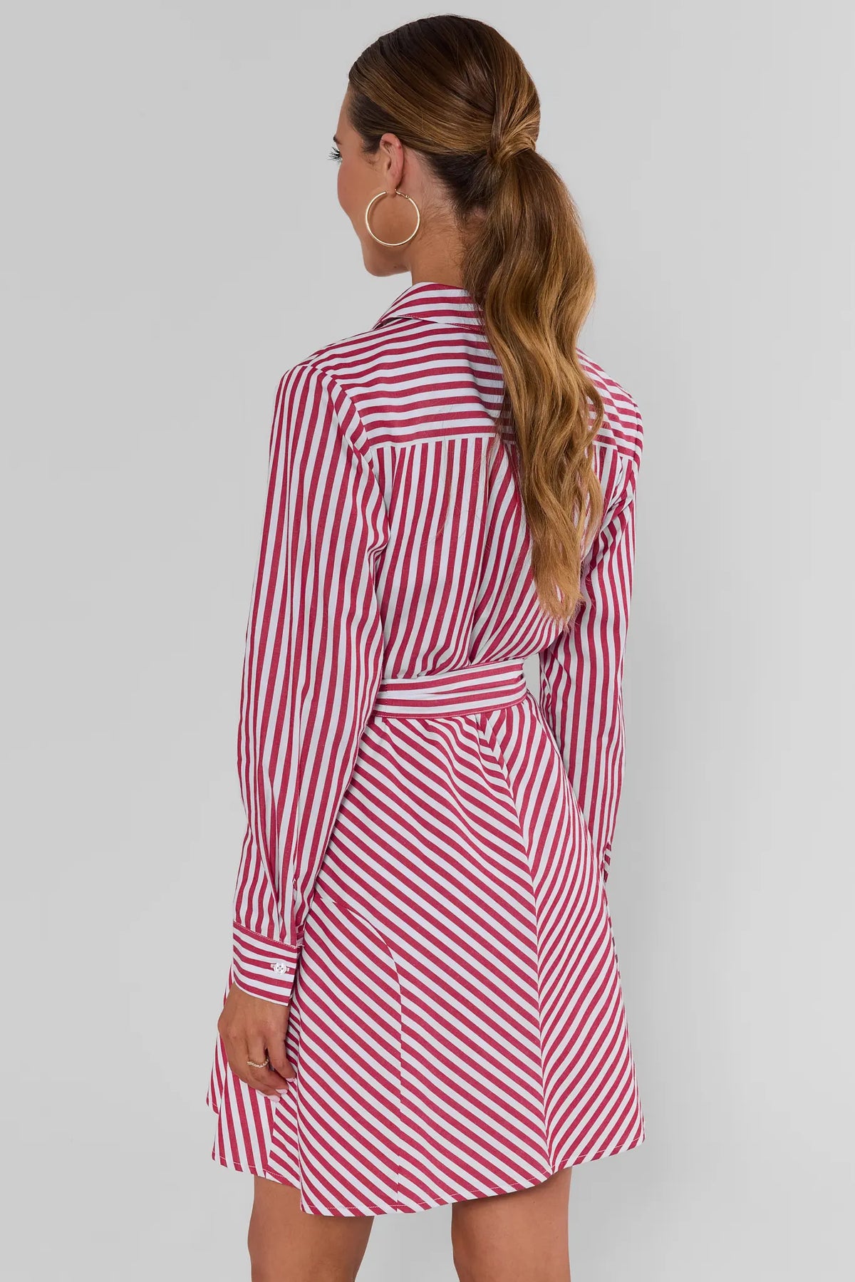 Red and white striped button-up short dress with tie waist - Back View | Avara