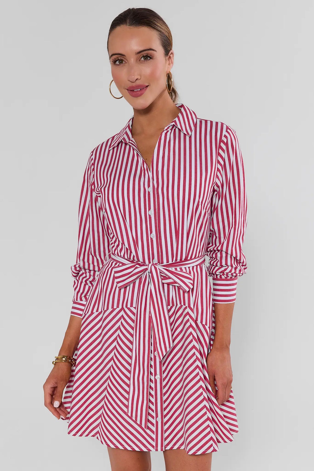 Red and white striped button-up short dress with tie waist - Front View | Avara