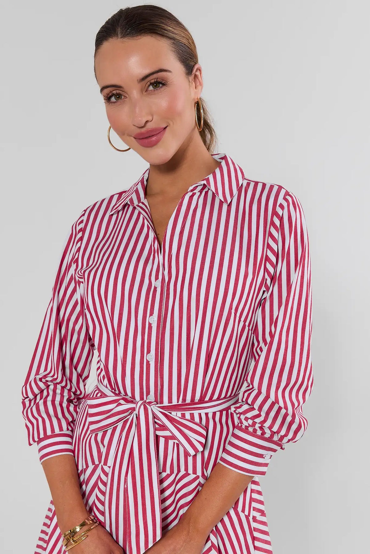 Red striped button-up shirt dress with collar and tie waist - Close-Up Detail | Avara