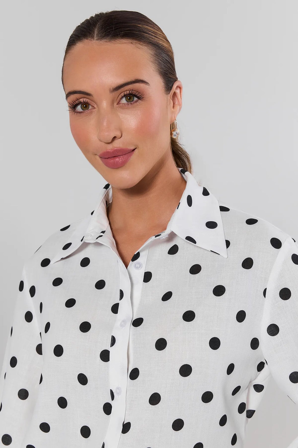 Cassidy White Polka Dot Top collared neckline and button placket close-up detail | Avara