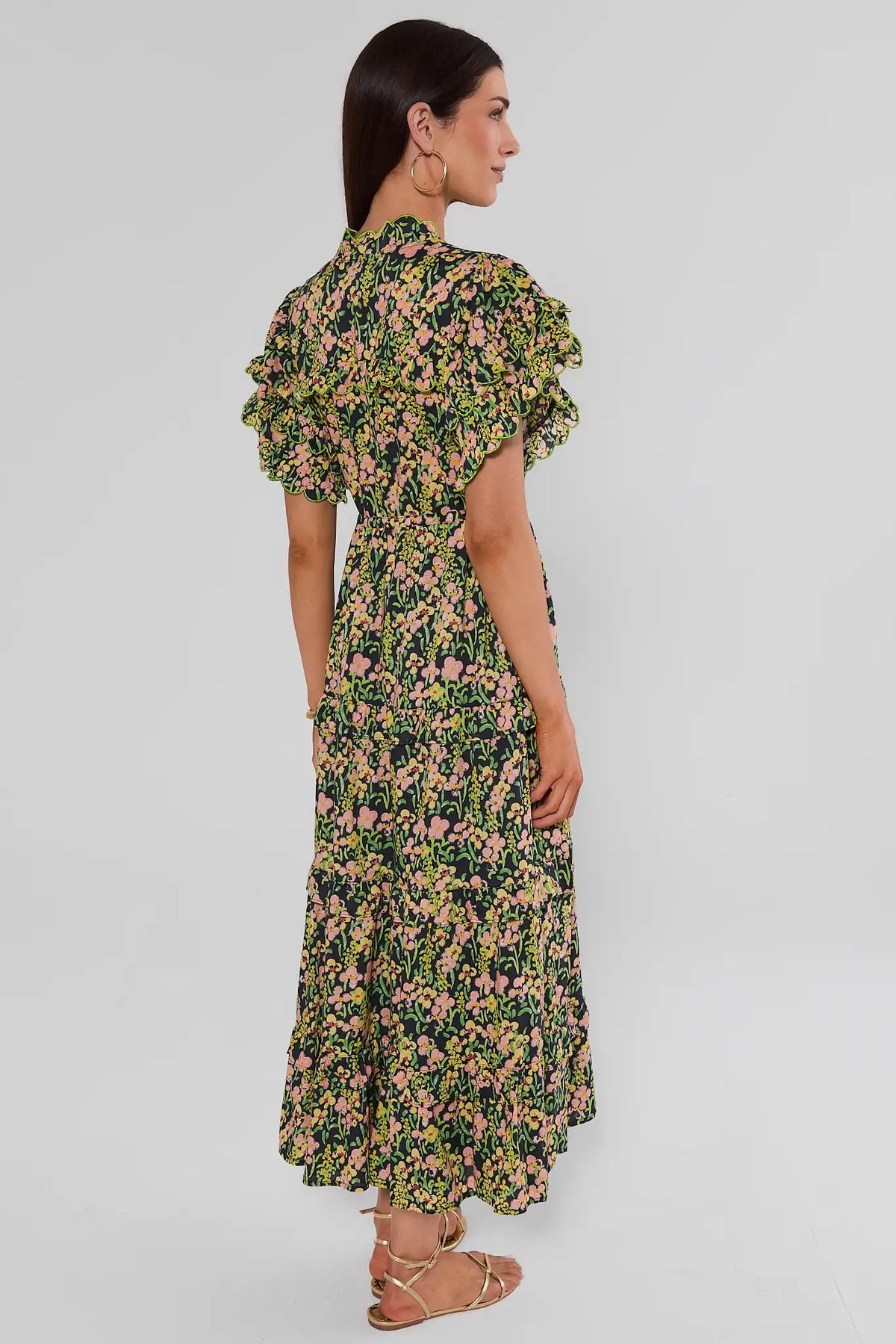 Carly Multi Printed Scalloped Maxi Dress back view showing tiered skirt, smocked waist, and scalloped flutter sleeves | Avara