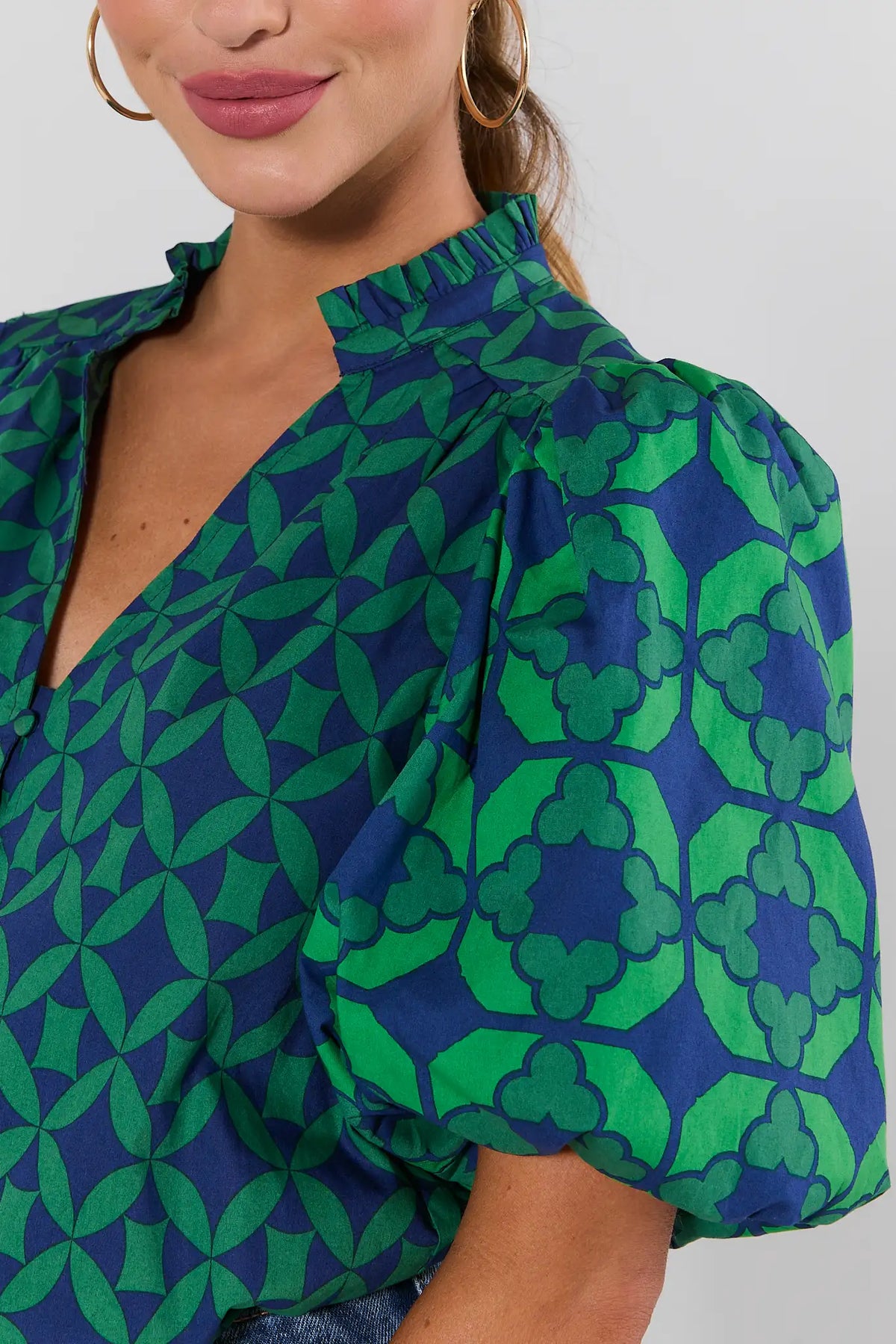 Rebecca Green Printed Puff Sleeve Top - Close-Up Split Neck & Geometric Print Detail | Avara