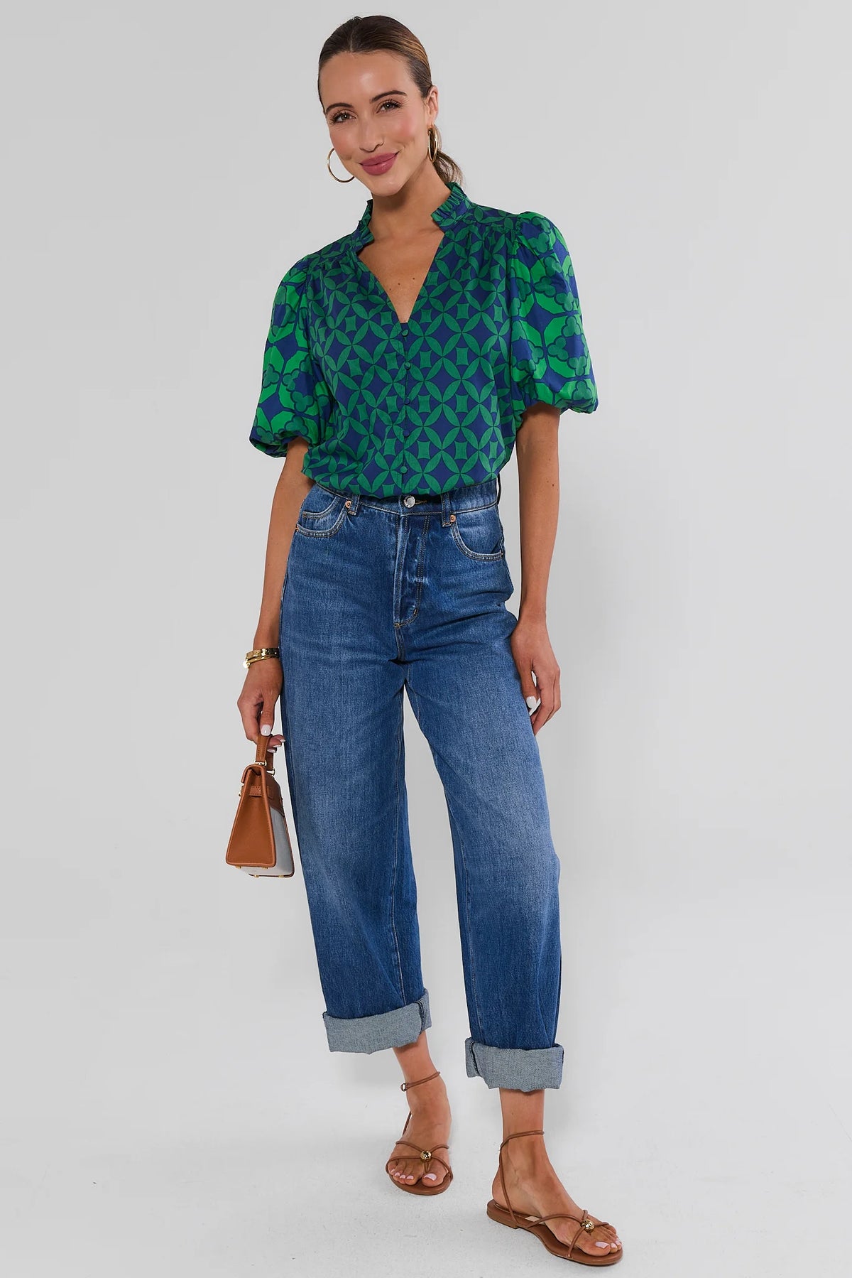 Rebecca Green Printed Split Neck Puff Sleeve Top styled with blue jeans - Full Length Front View | Avara