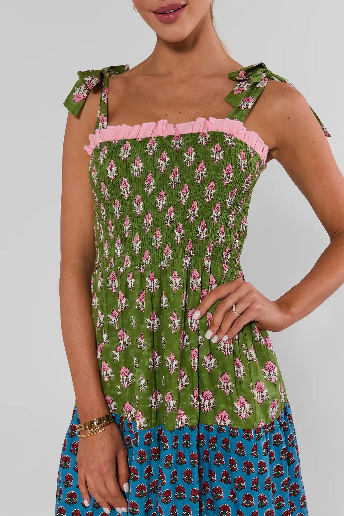 Multi Print Smocked Maxi Dress by THML - close-up of green floral smocked bodice with tie straps & pink ruffle trim | Avara