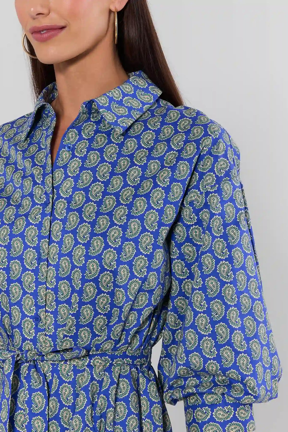 Summerlyn Blue Paisley Print Midi Dress collared neckline and button front - Close-Up Detail | Avara