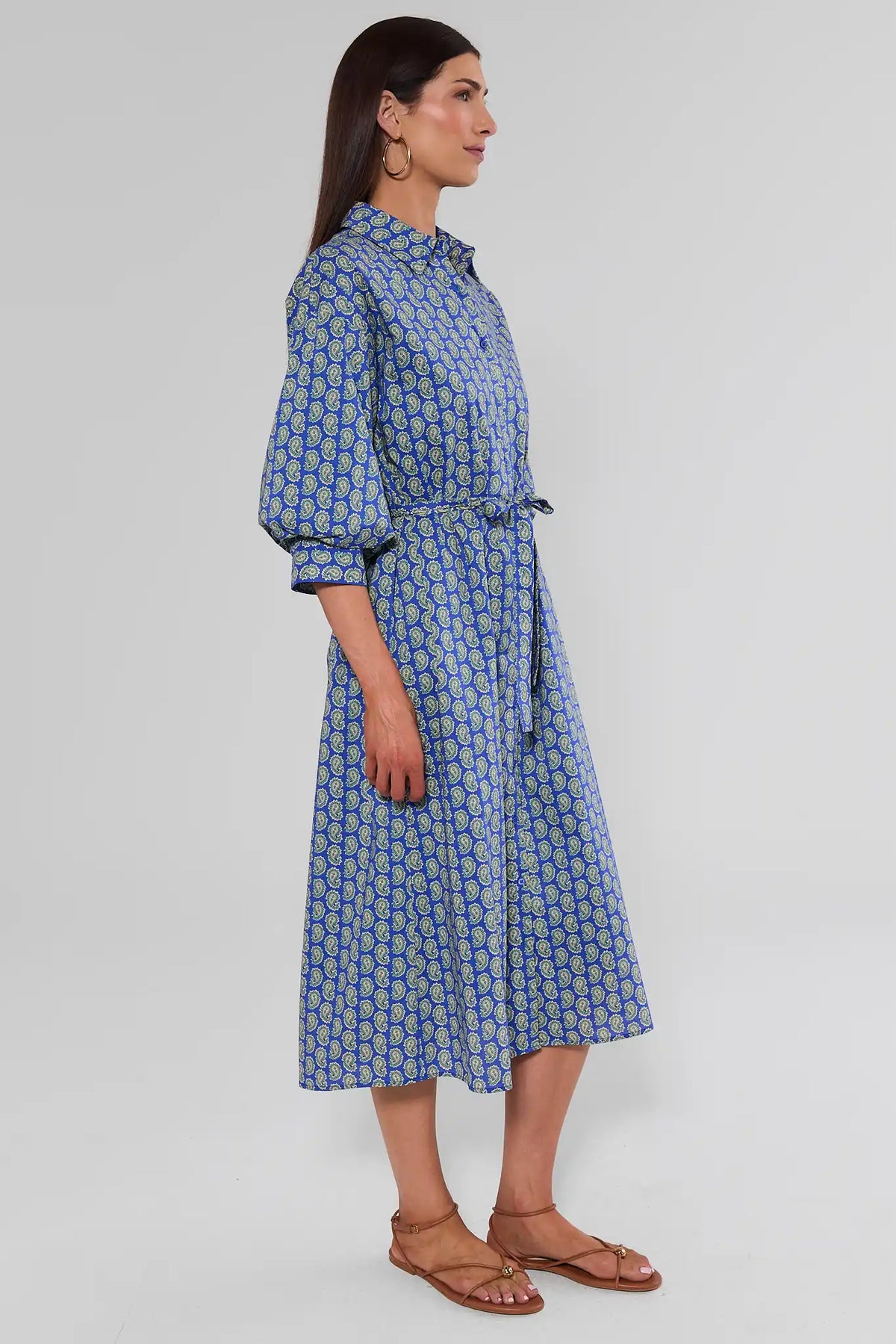 Summerlyn Blue Paisley Print Midi Dress modest midi length with tie waist - Side Profile | Avara