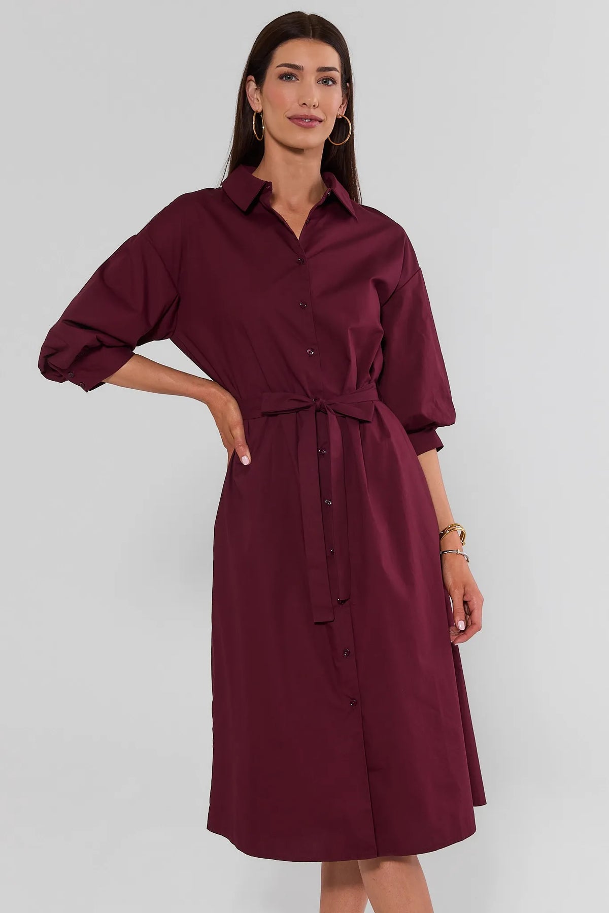 Summerlyn Burgundy Midi Dress - front view, button-down shirt dress with puff sleeves and self-tie waist belt | Avara