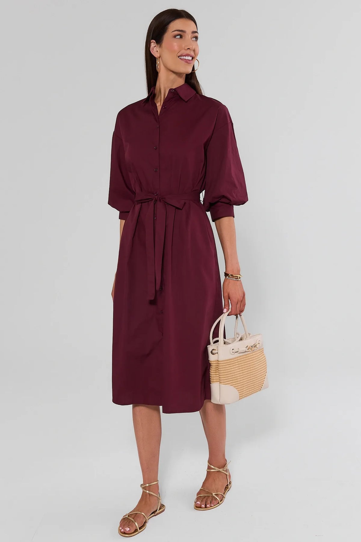 Summerlyn Burgundy Midi Dress - full-length styled look with gold sandals and straw bag, modest women's midi dress | Avara