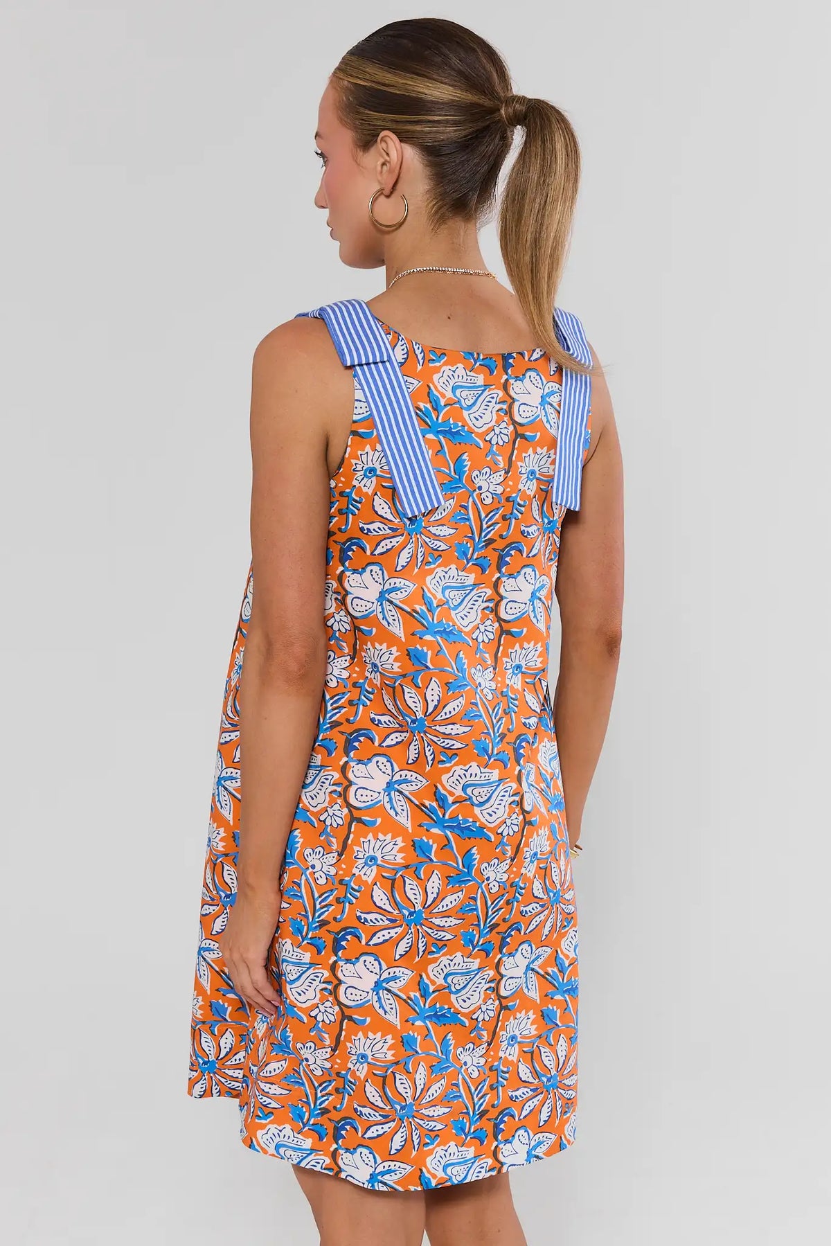 Orange Floral Print Shift Dress blue striped bow straps - Back View On Model | Avara