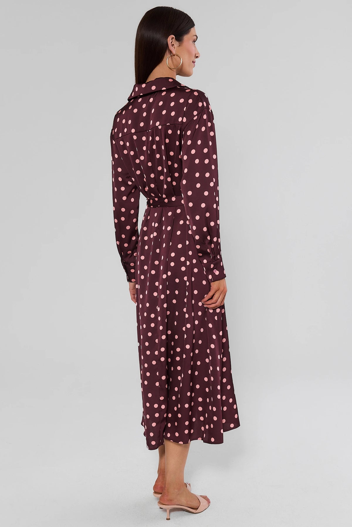 Back view of brown polka dot midi dress with long sleeves, spread collar, and flared midi-length skirt | Avara