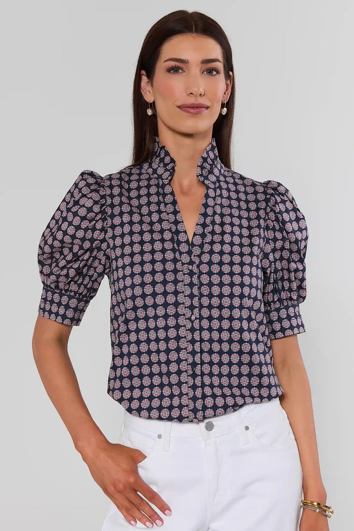 Navy Geometric Print Button-Up Top - Front View, Puff Sleeves & High Neck | Avara